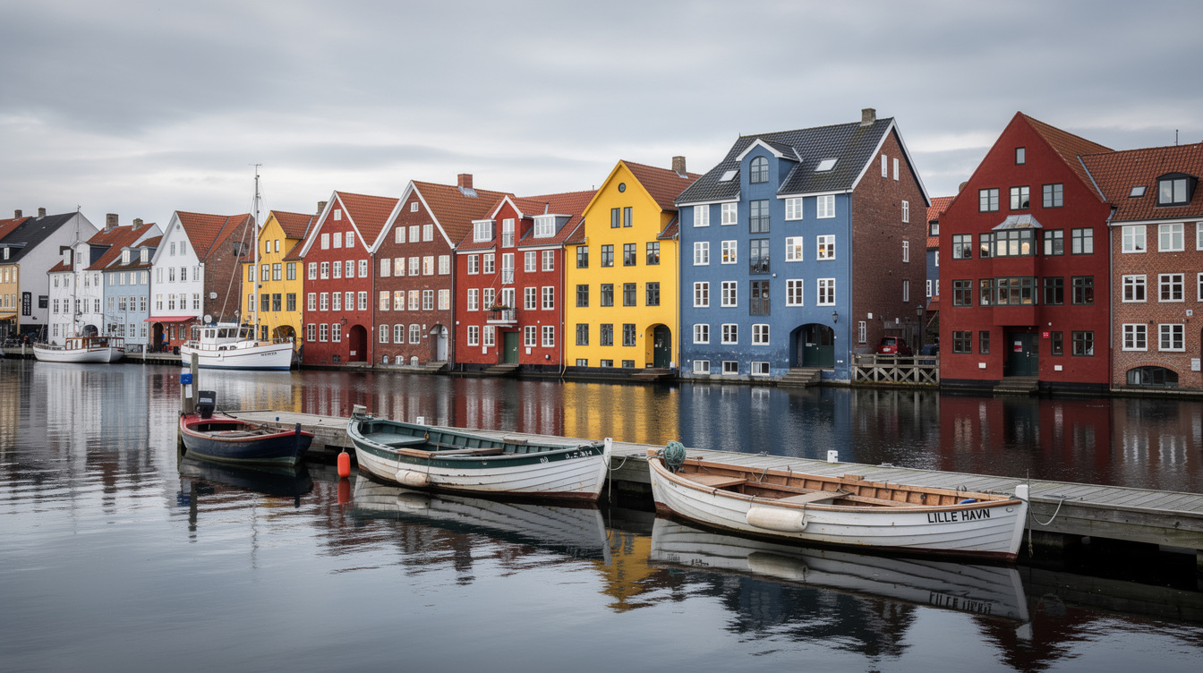 Colorful harbor houses in a Danish fishing town